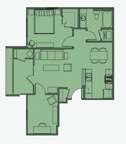 Floor plan for 1 bed, 1 bath, 850 sqft